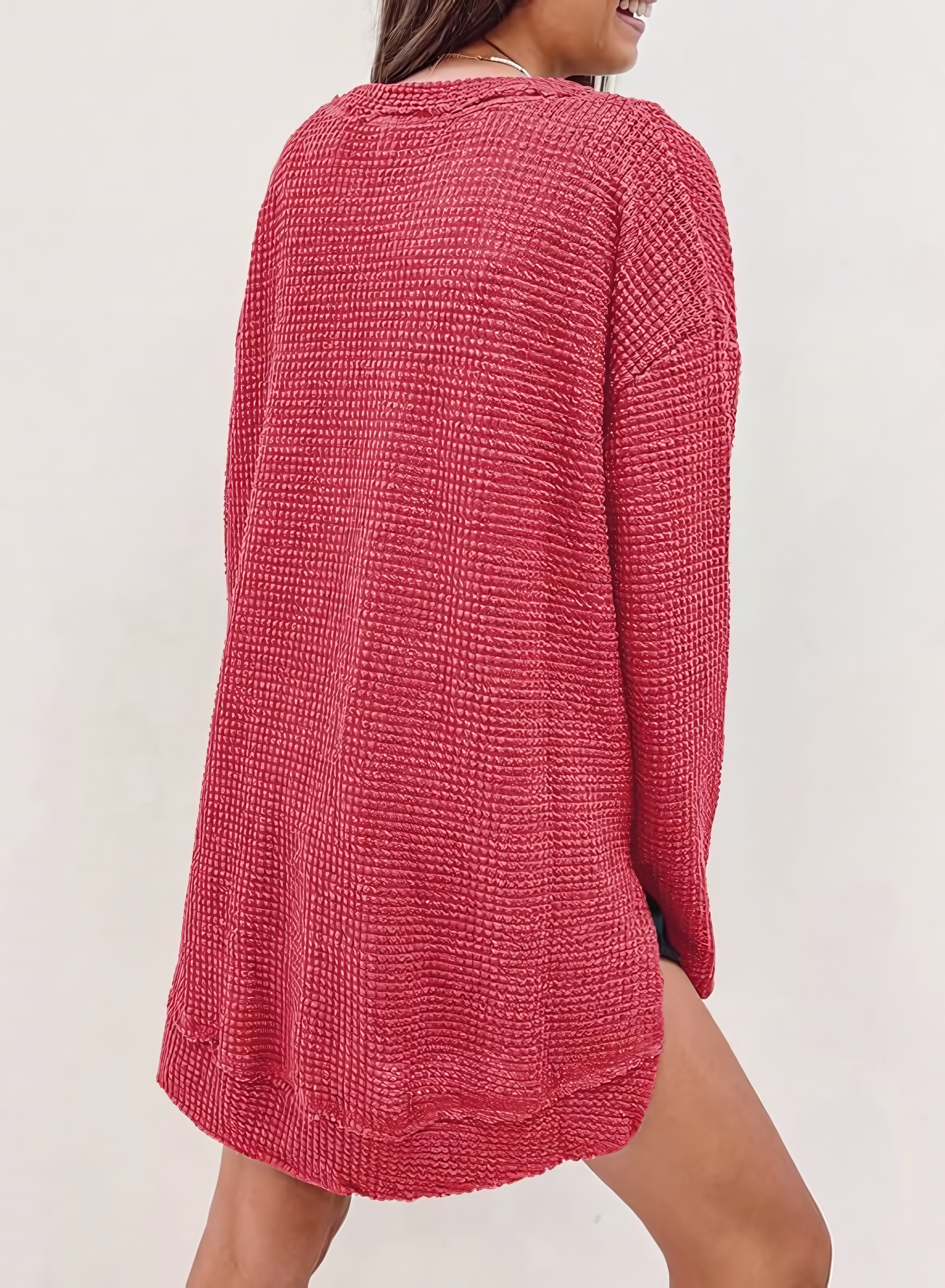 Women's Fall Long Sleeve Waffle Knit Hi-low Hem Tops