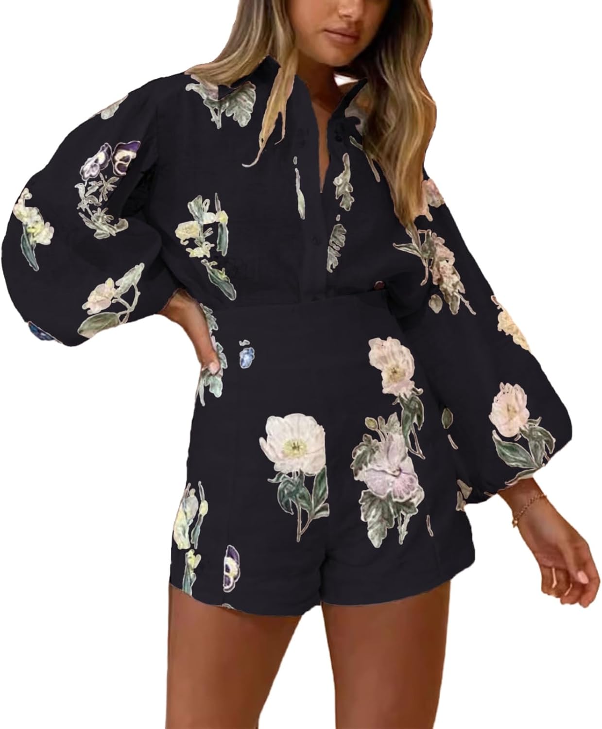 Womens Hawaiian Long Sleeve Button Down Shirt and Shorts Tracksuit Lounge Set