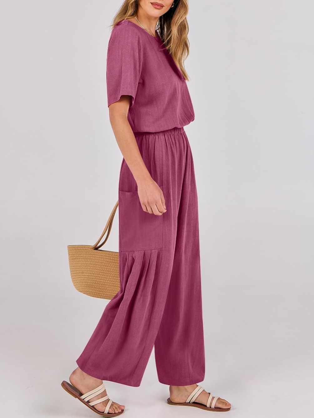 Short Sleeve Wide Leg Pants Linen Romper With Pockets
