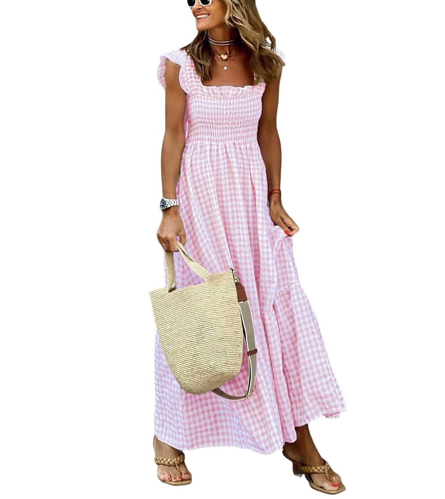 Women's Retro Plaid Smocked Dress Spaghetti Strap Flounce Long Dress With Pockets(BUY 2 FREE SHIPPING)