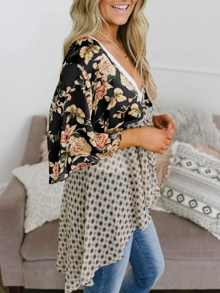 Women's Floral Kimono 3/4 Ruffle Sleeve Tie Cardigans Flowy Boho Loose Cover Ups