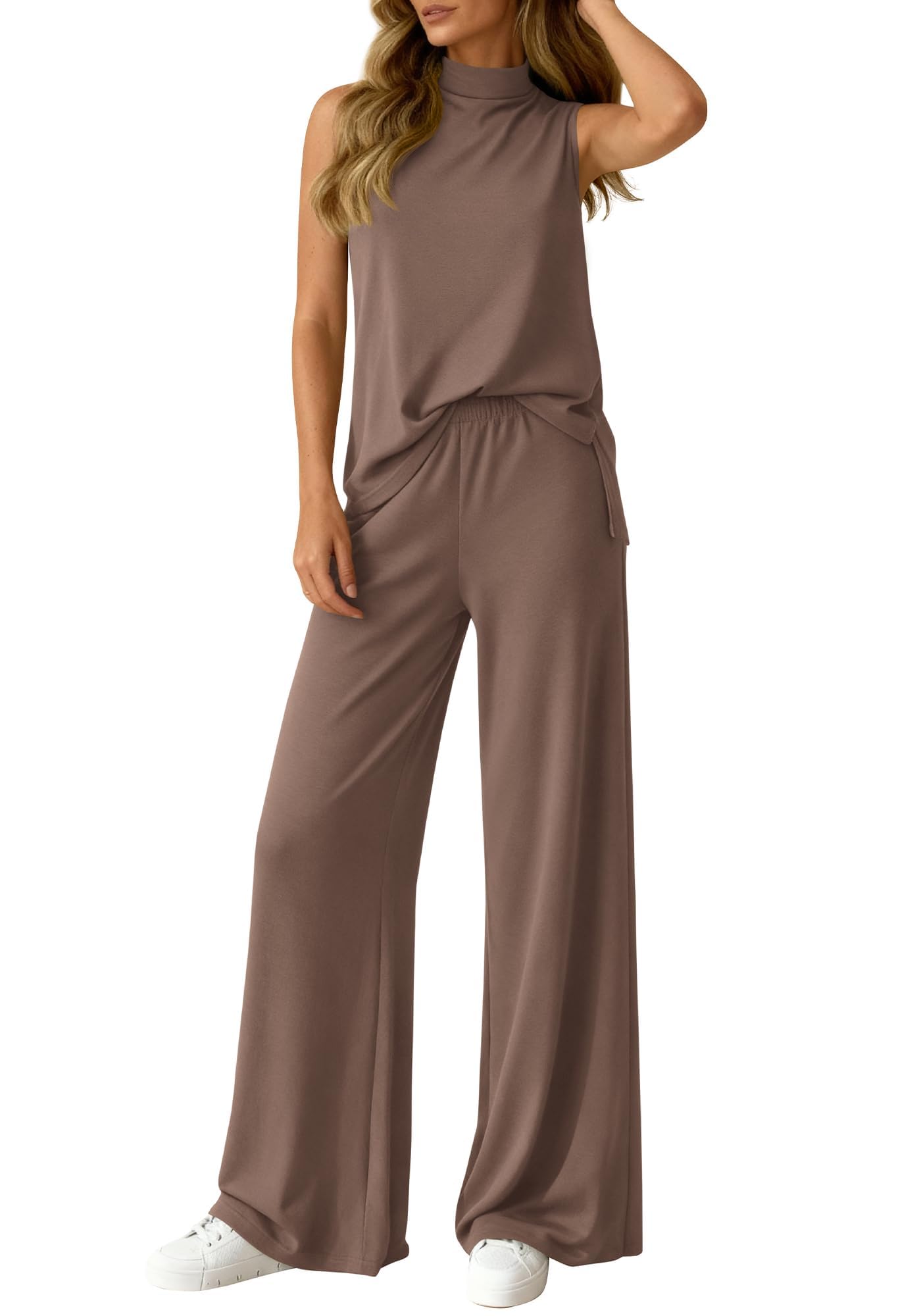 Women's 2-Piece Sleeveless Mock Neck Top & Wide-Leg Pants Set With Pockets