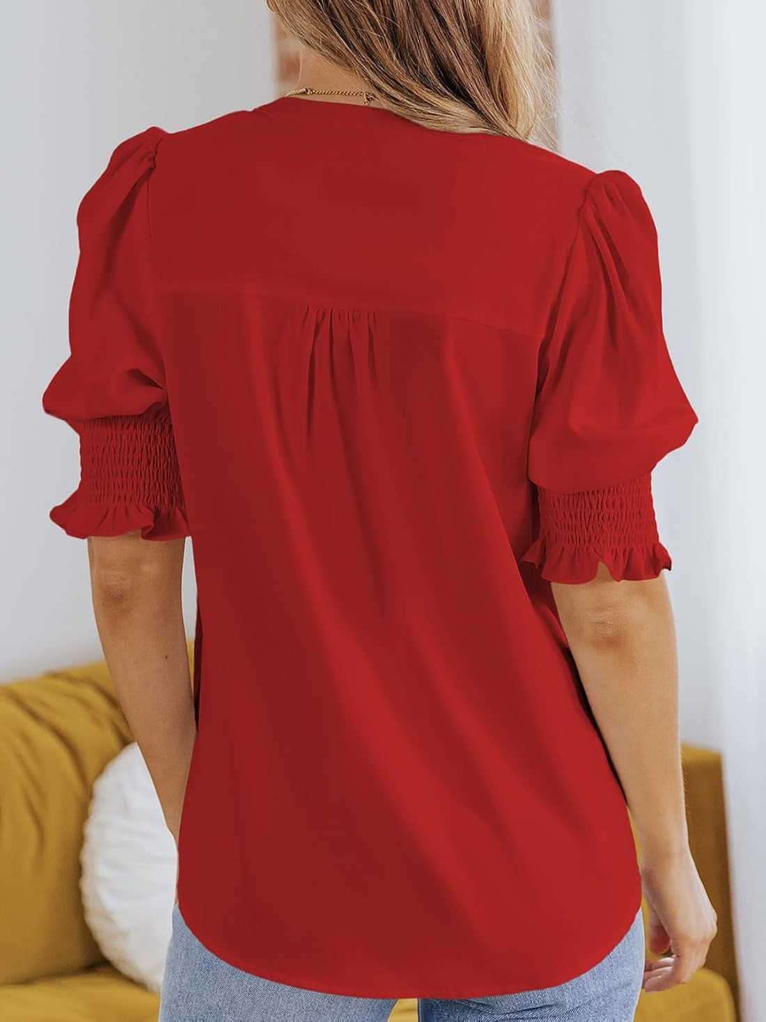 Women's Dressy Casual V Neck  Puff Ruffle Short Sleeve Shirt Tops