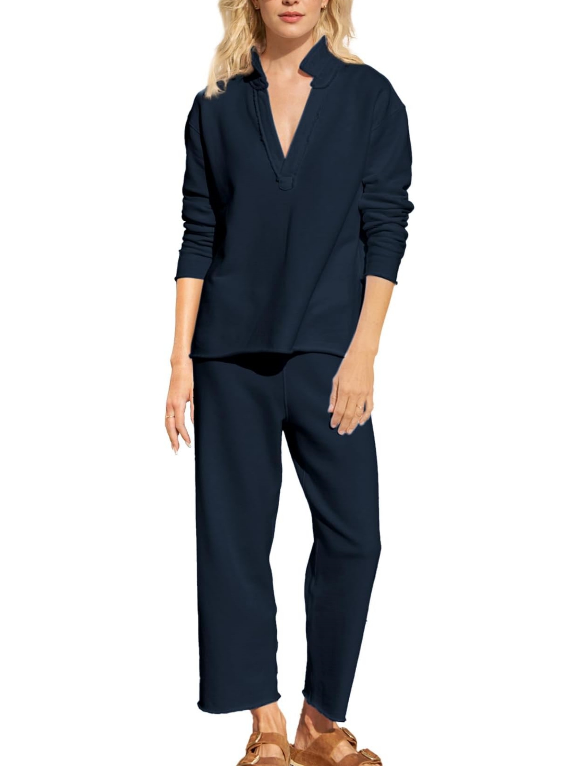 V Neck Long Sleeve Tops Wide Leg Pants Travel 2 Piece Sets (Buy 2 Free Shipping)