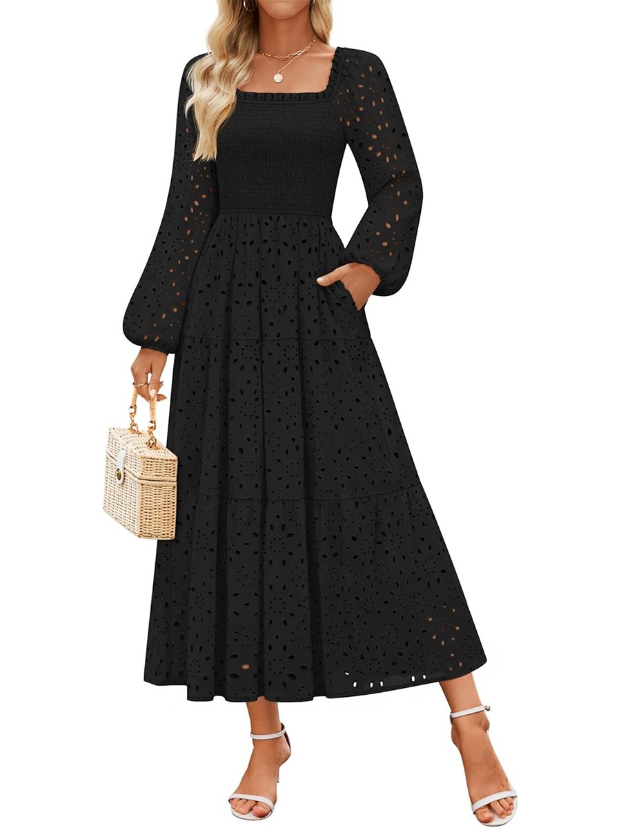 Women's Square Neck Hollow Out Eyelet Smocked A Line Long Sleeve Dress