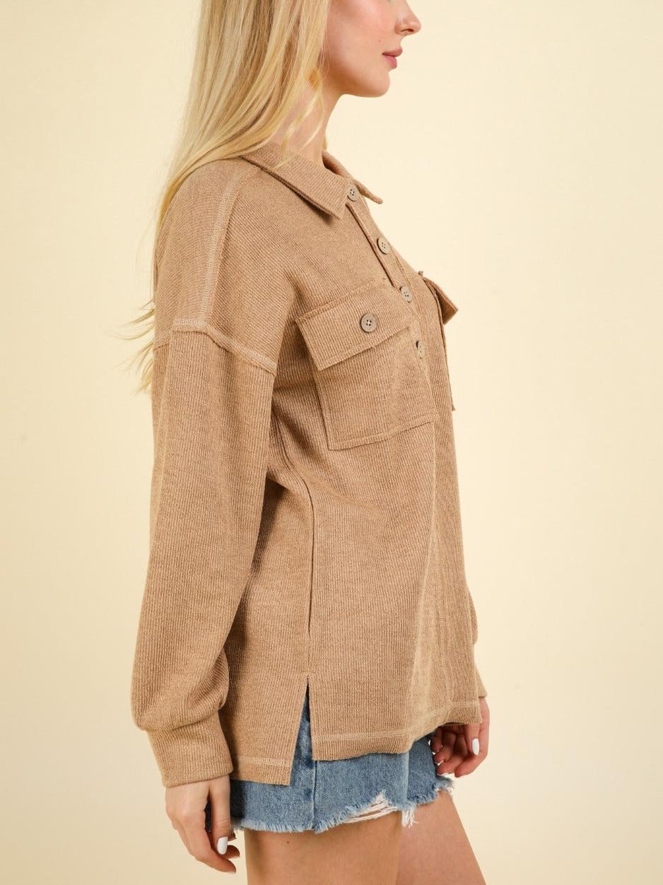 Collared Half Button Knit Top with Pockets