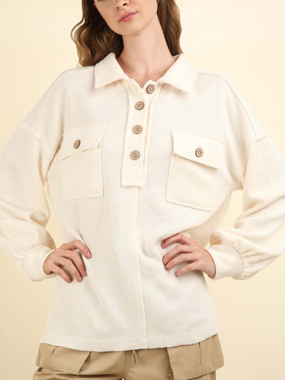 Collared Half Button Knit Top with Pockets