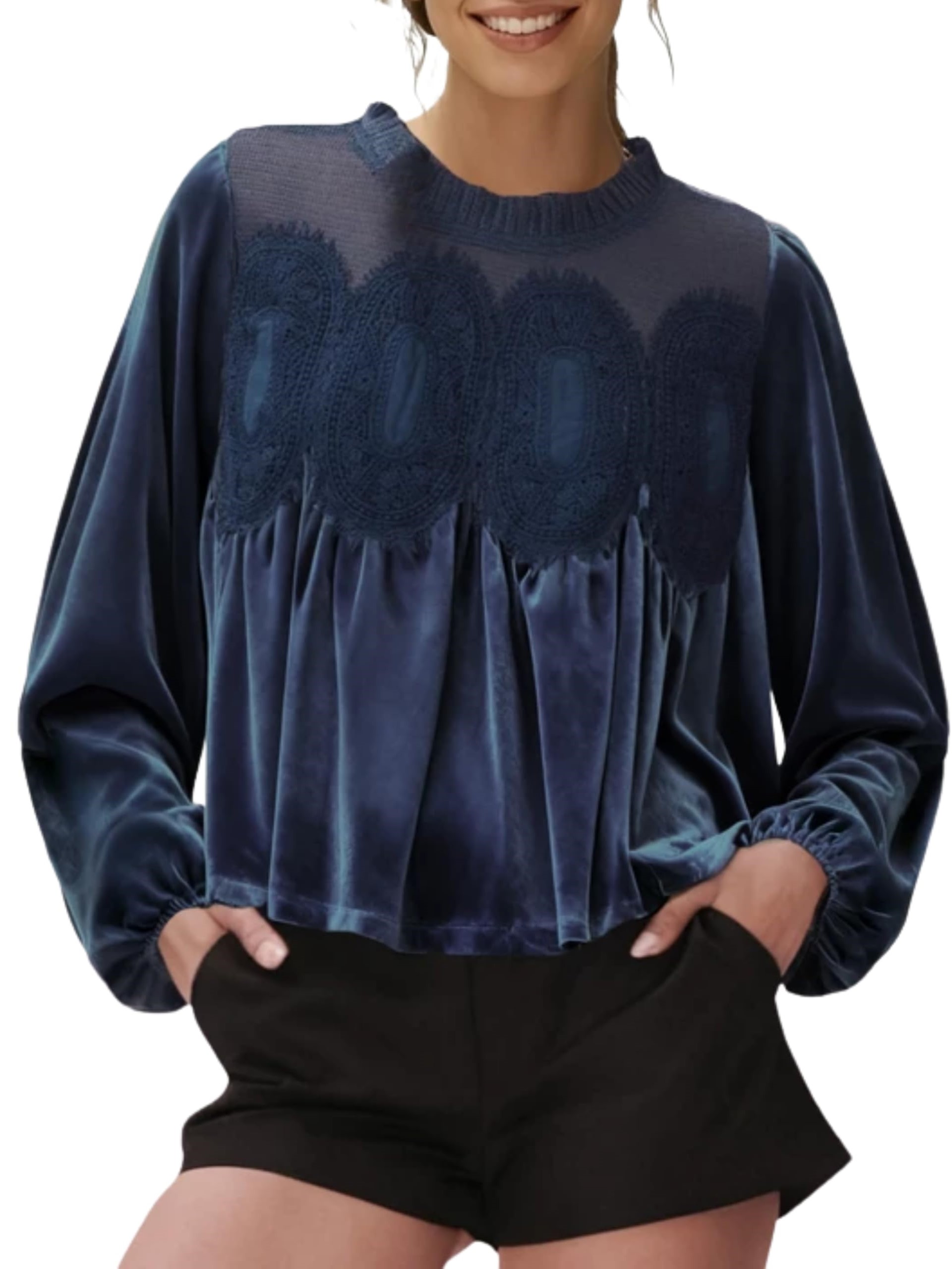 Women's Round Neck Long Sleeve Velvet Trim Lace Blouse