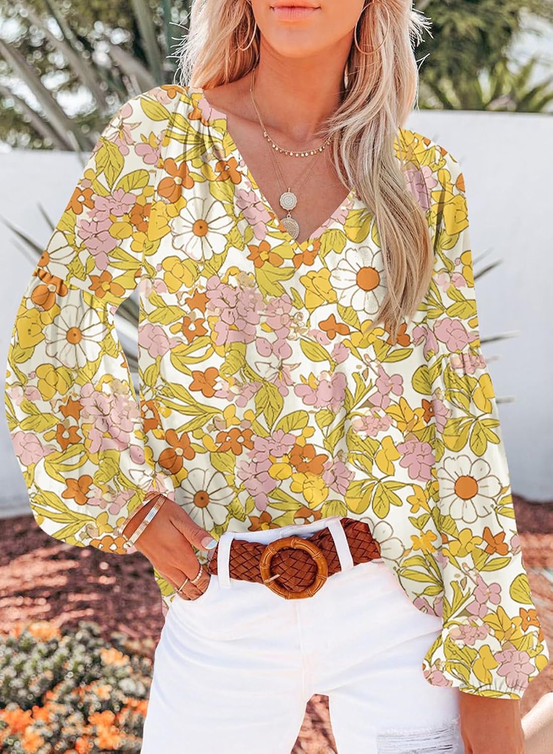 Women's Casual Boho Floral Print V Neck Long Sleeve Shirt Top