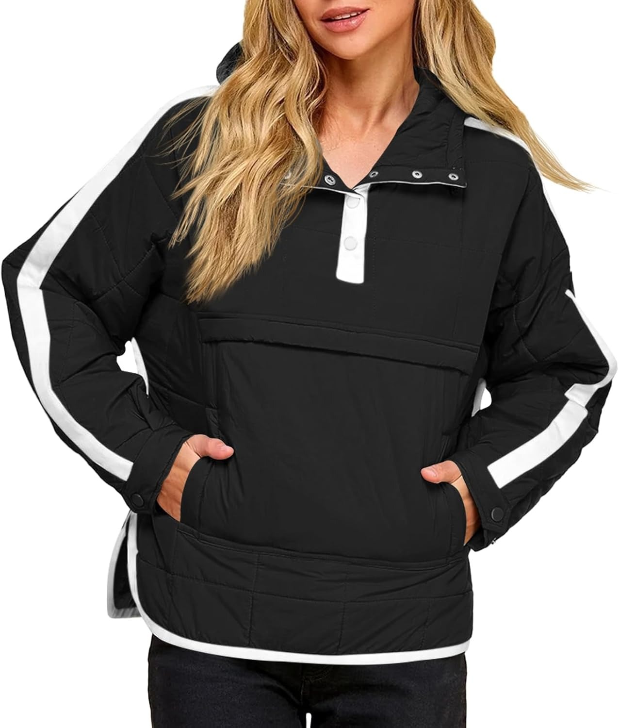 Women's Puffer Quilted Color Block Puffy Pocket Hoodie Jacket