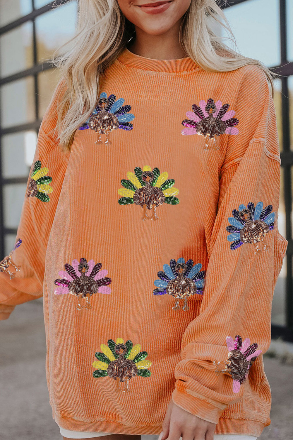 Women's Corded Ribbed Crewneck Turkey Graphic Sweatshirt