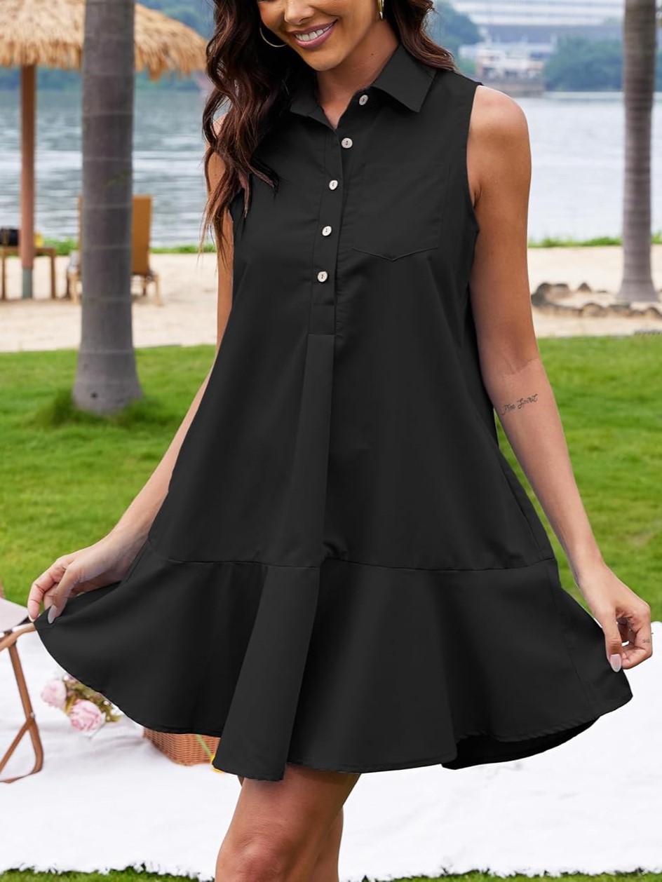 Women's Sleeveless Button Shirt Dress with Pockets