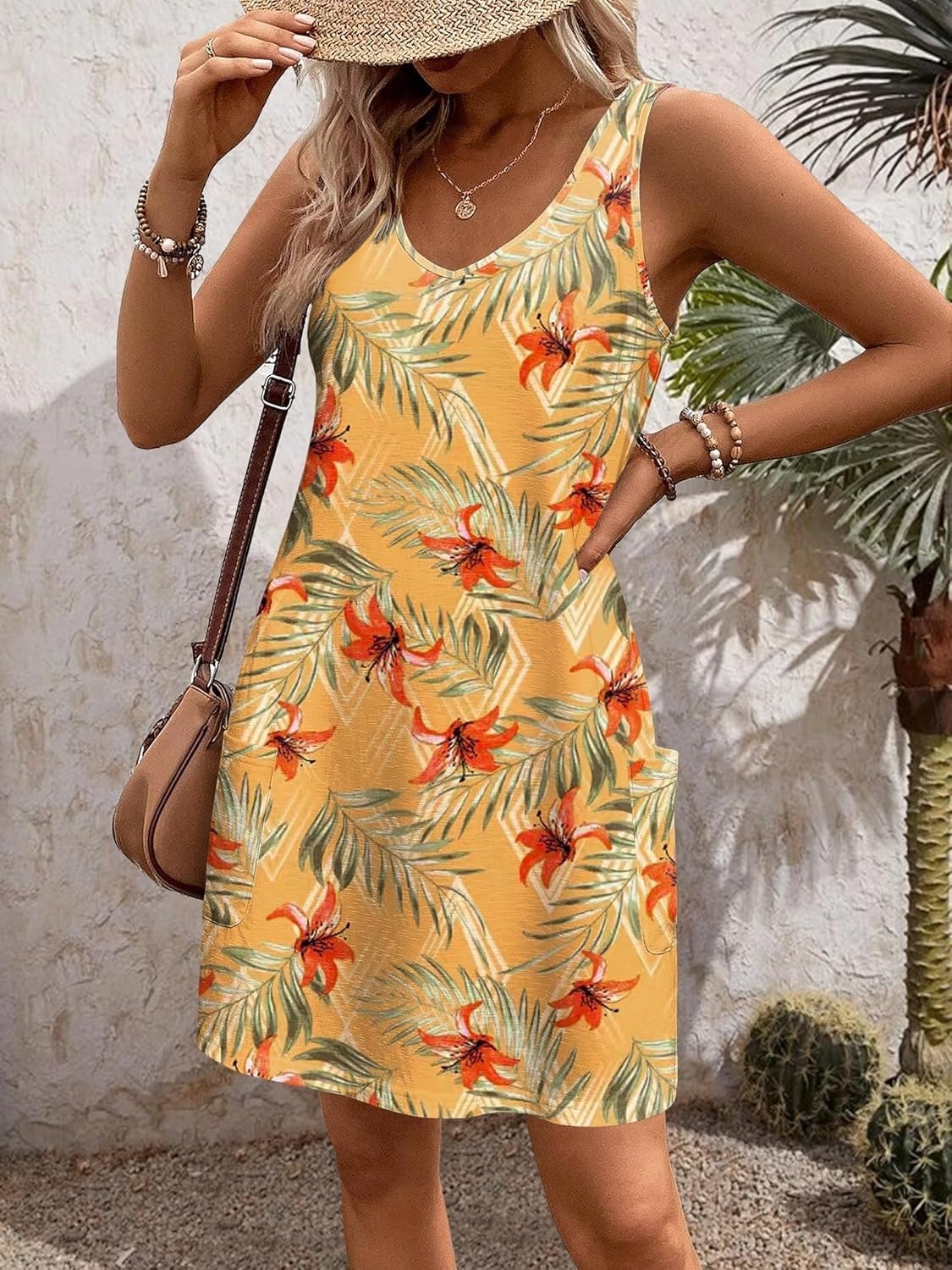 Women's Casual Floral V Neck Loose Tank Dress with Pockets