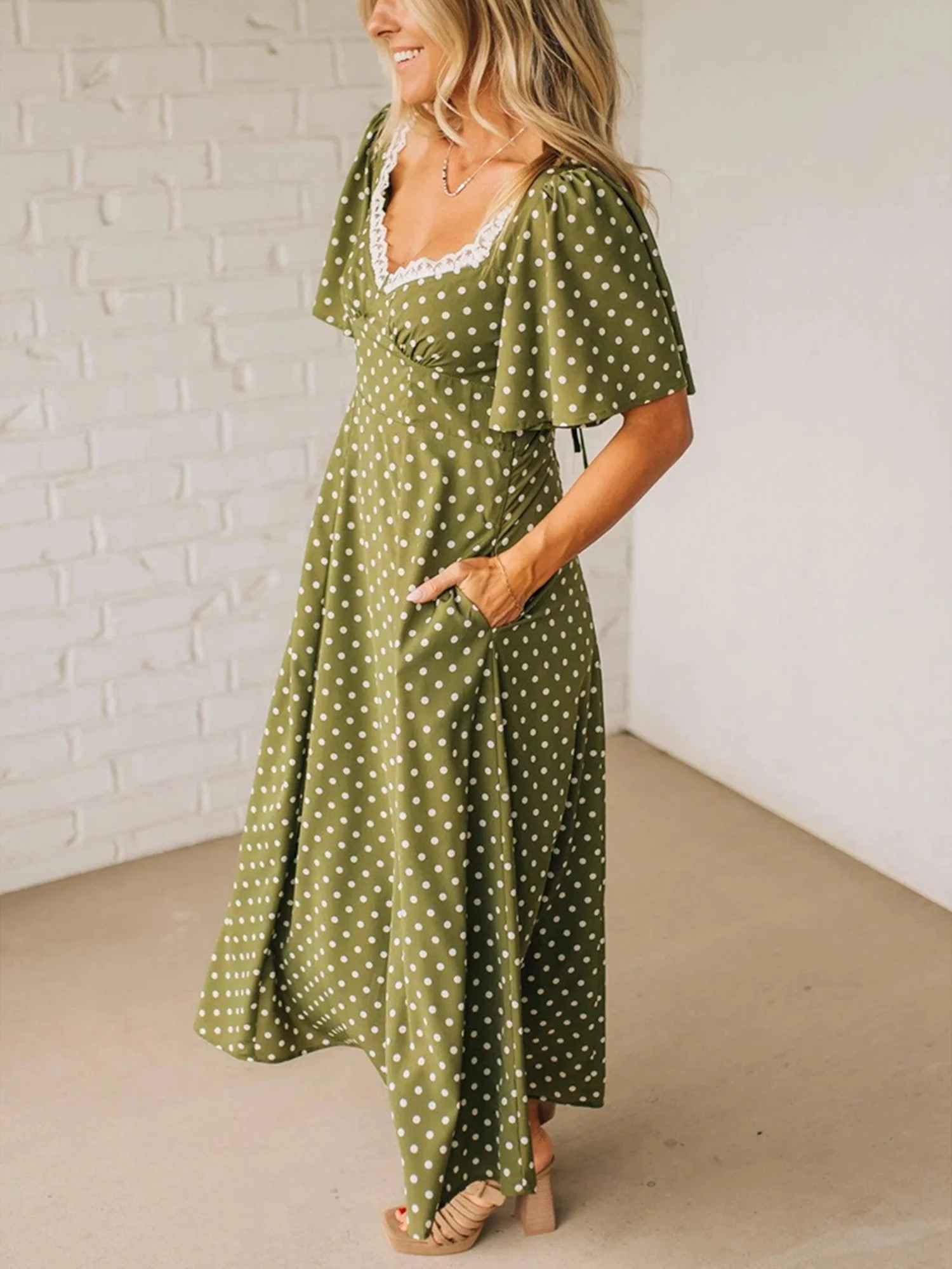 Women's Polka Dot Lacy Neckline Smocked High Waist Maxi Dress