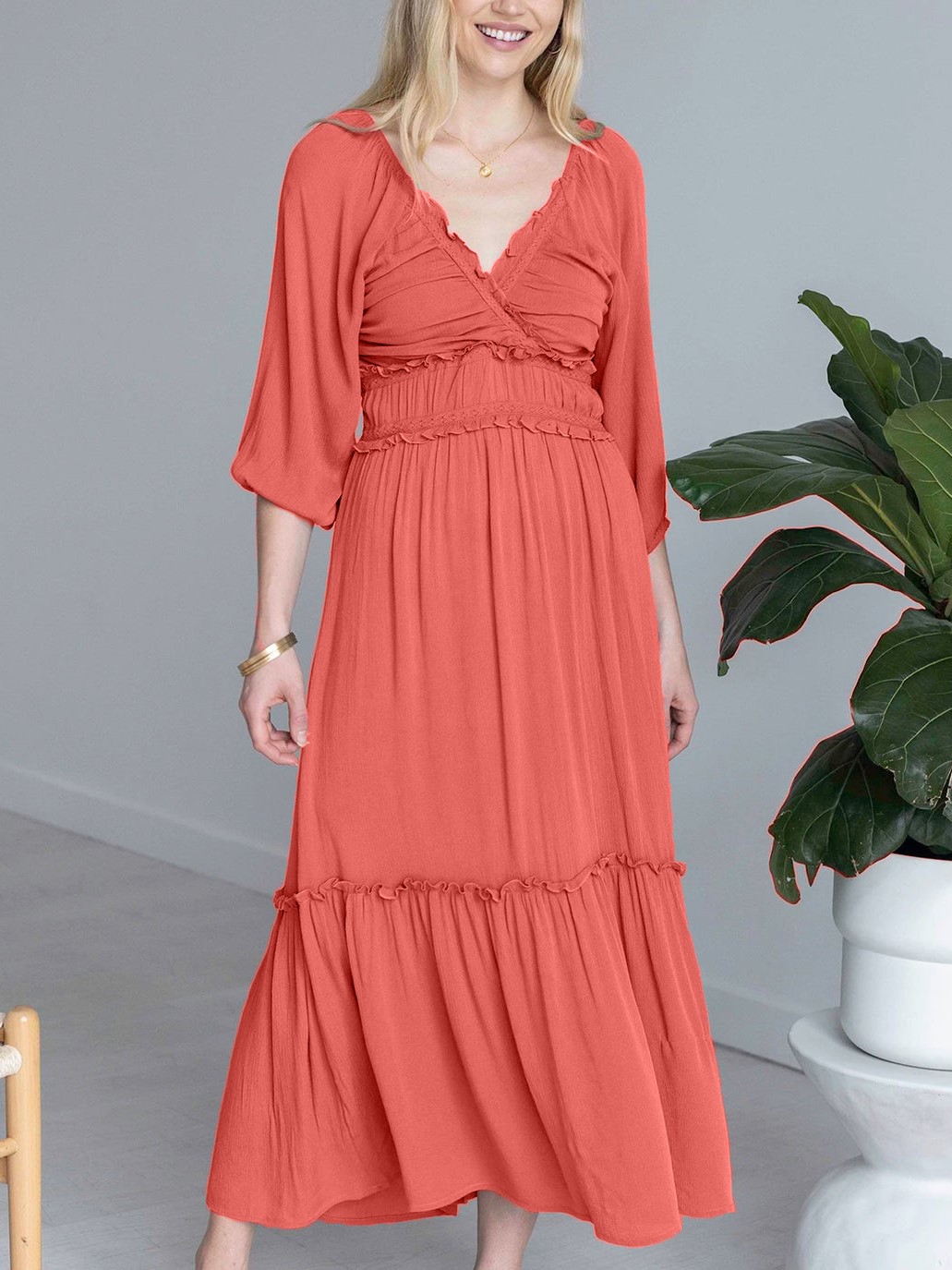 V-neck Smocked Ruffled Tiered Dress