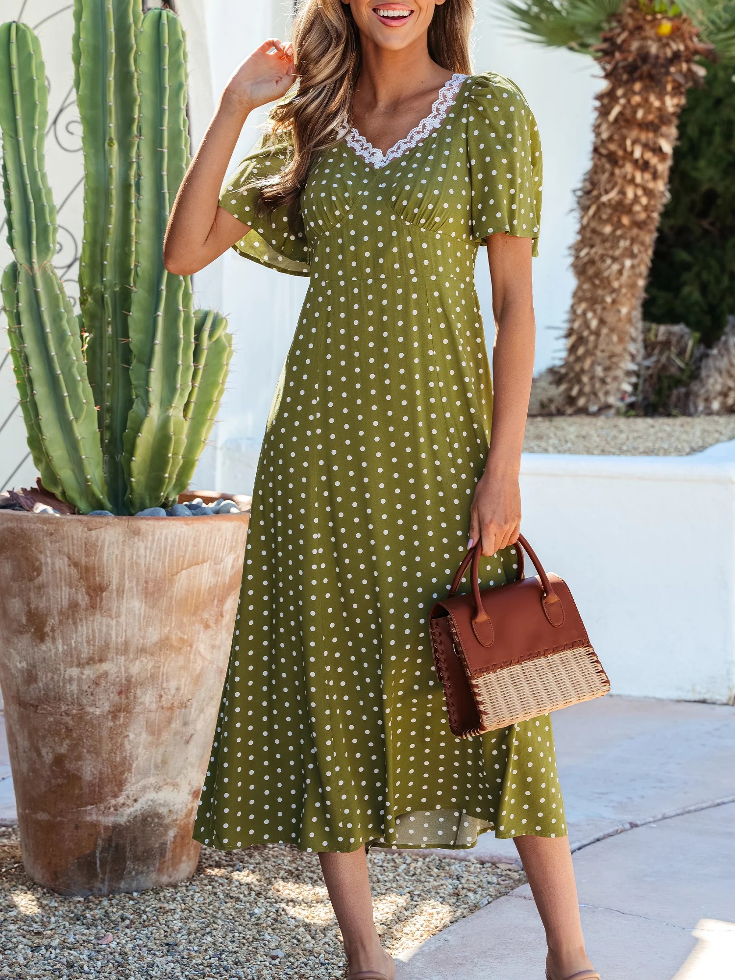 Women's Polka Dot Lacy Neckline Smocked High Waist Maxi Dress