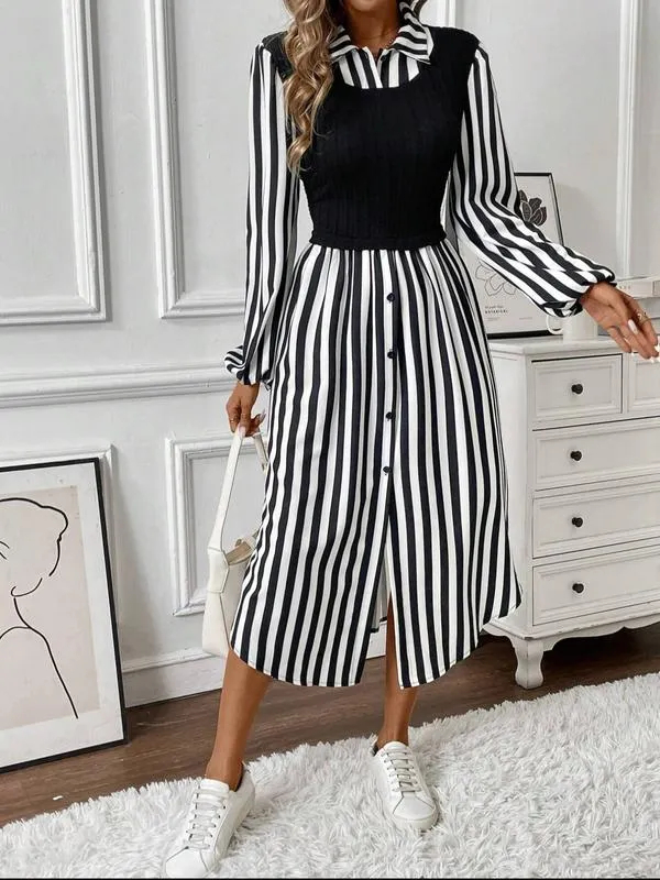 HOT SALE Women's Long Sleeve Striped Button Front Shirt Dress