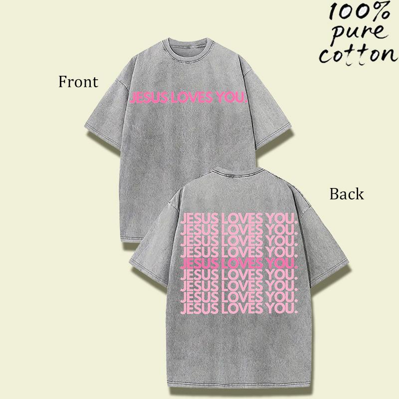 Washed Cotton T-Shirt – “Jesus Loves You” Faith Graphic Tee