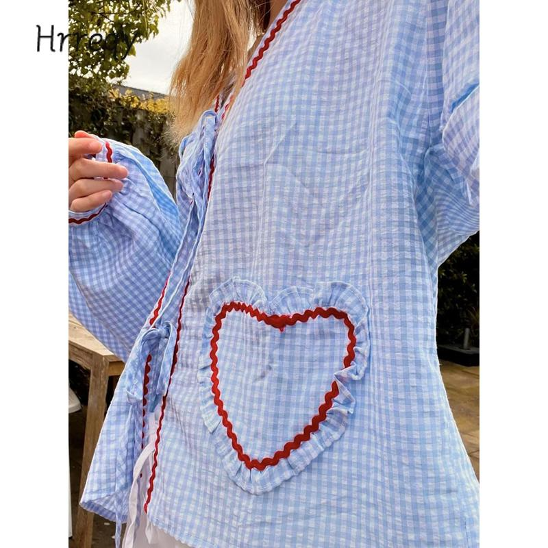 Women Long Sleeve Shirts Heart Embroidery Plaid Front Bowknot Tie-Up Blouses