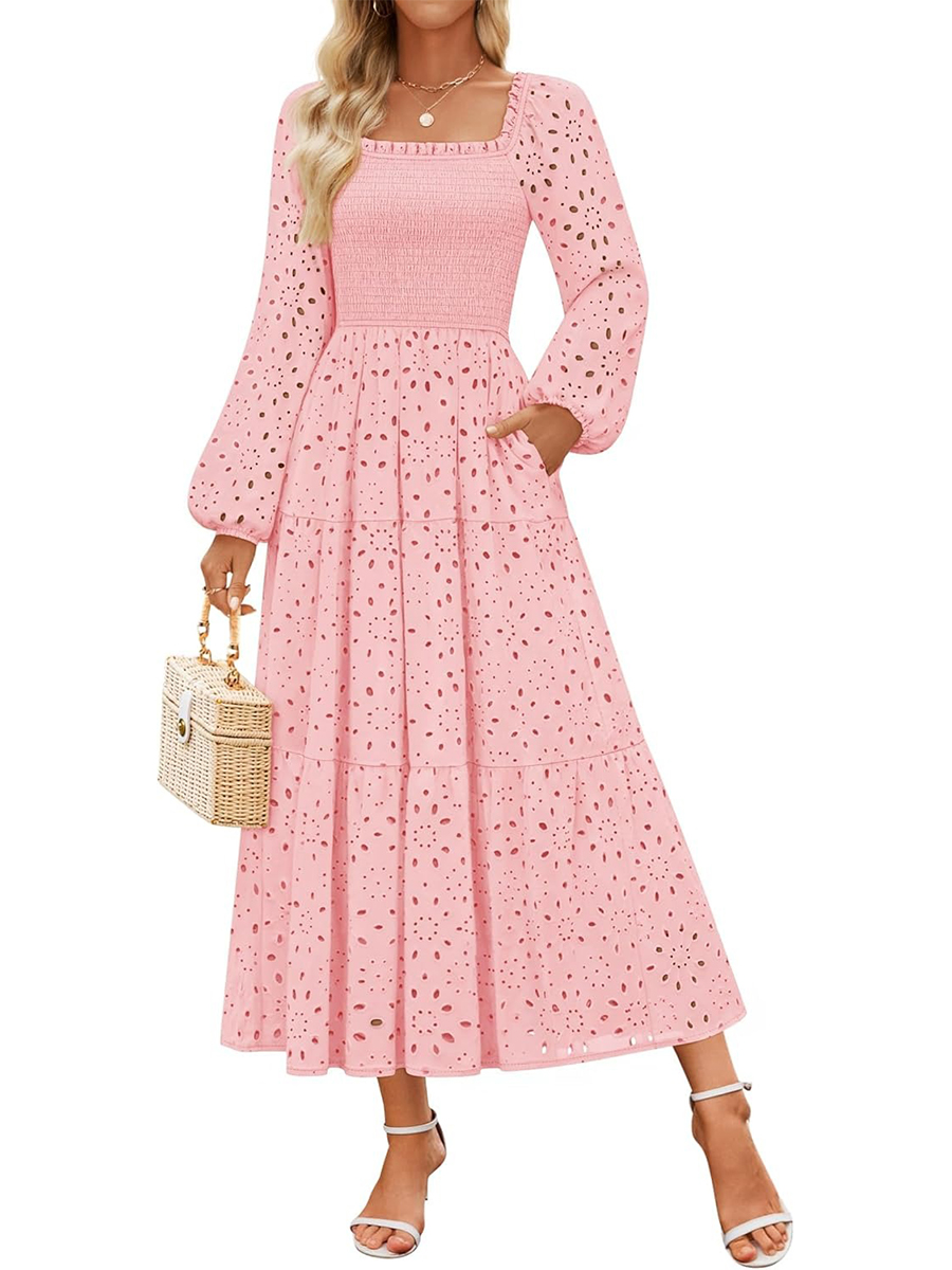 Women's Square Neck Hollow Out Eyelet Smocked A Line Long Sleeve Dress