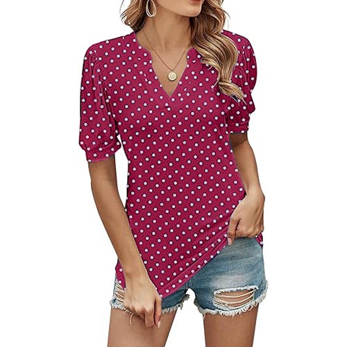 Women's Polka Dot V-neck Short Sleeve Shirt Puff Sleeve Top(BUY 3 FREE SHIPPING)