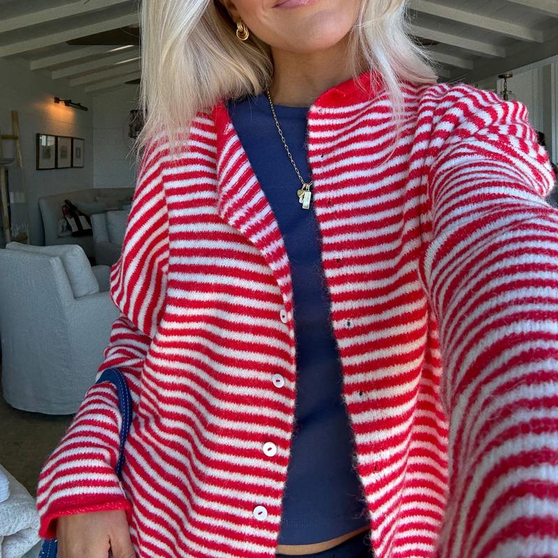 Women‘s Rolled Hem Striped Button Cardigan