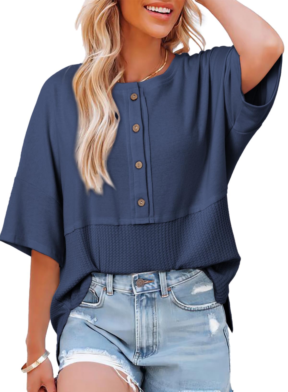 2025 New Women's 3/4 Sleeve Casual Button Down Waffle Knit Tops(buy 3 free shipping)