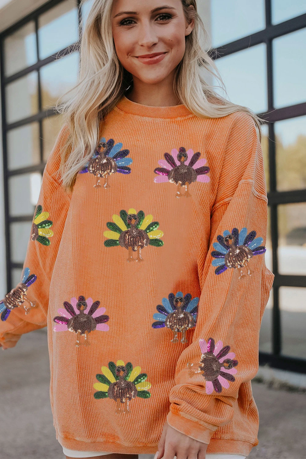 Women's Corded Ribbed Crewneck Turkey Graphic Sweatshirt