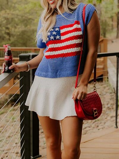 Flag Graphic Short Sleeve Hollow Out Top