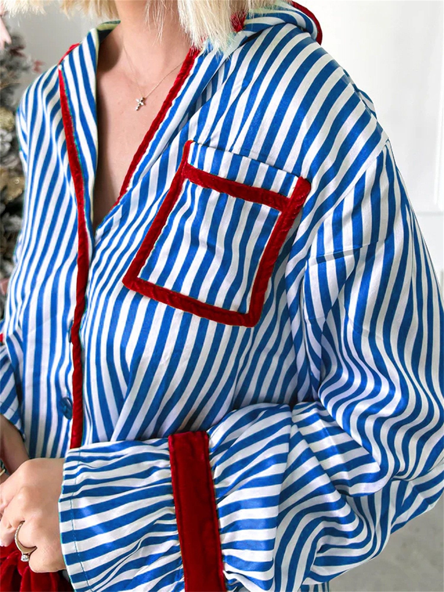 Women's Striped Button-up Crop Tops Bow Long Pants Pajama Set