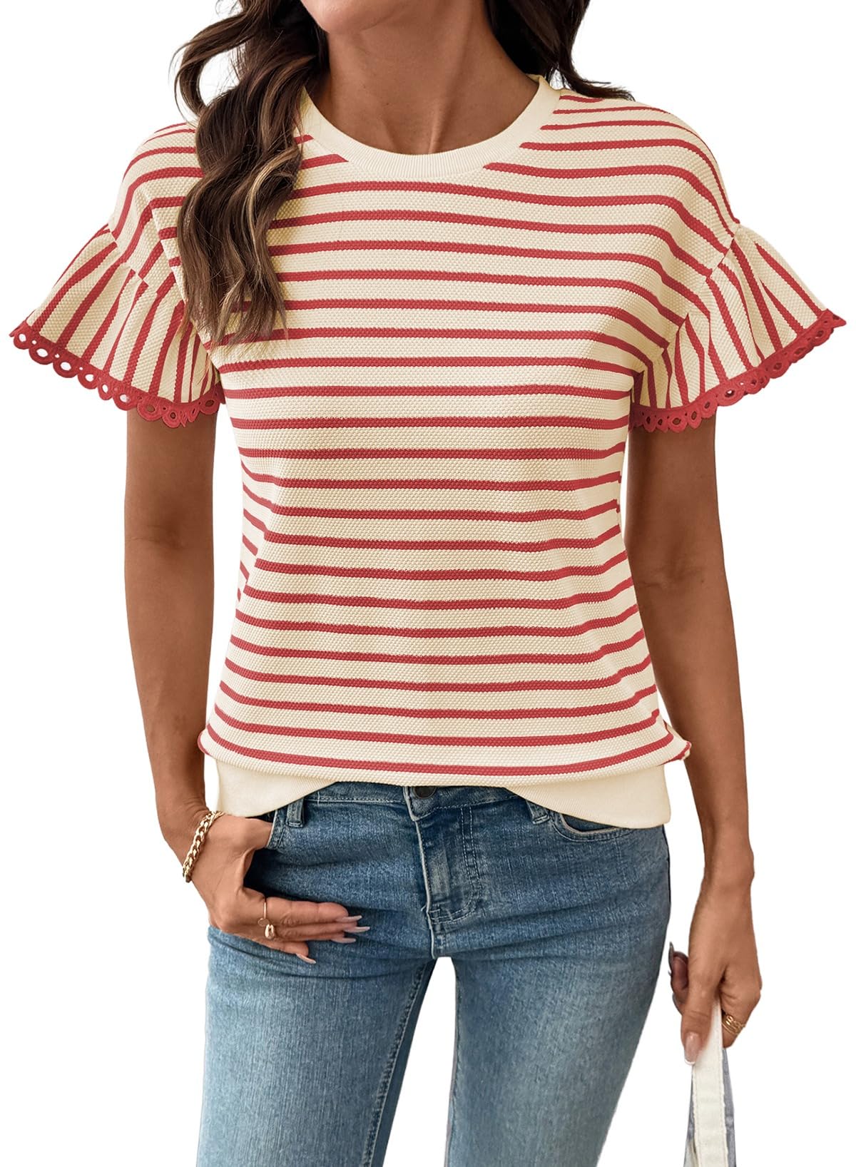 Women's Knit Striped Color Block Ruffled Short Sleeve Top