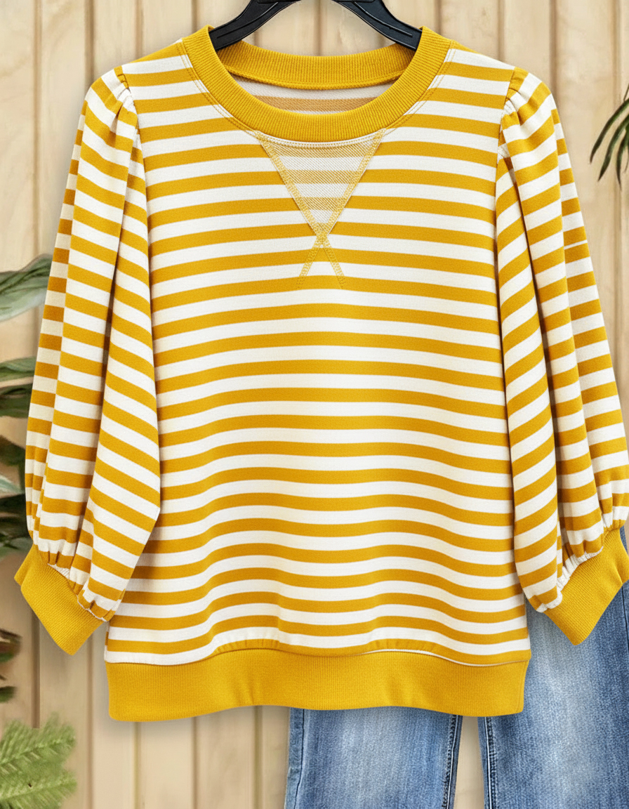 Women's Striped Puff Sleeve Sporty Round Neck Sweatshirt 
