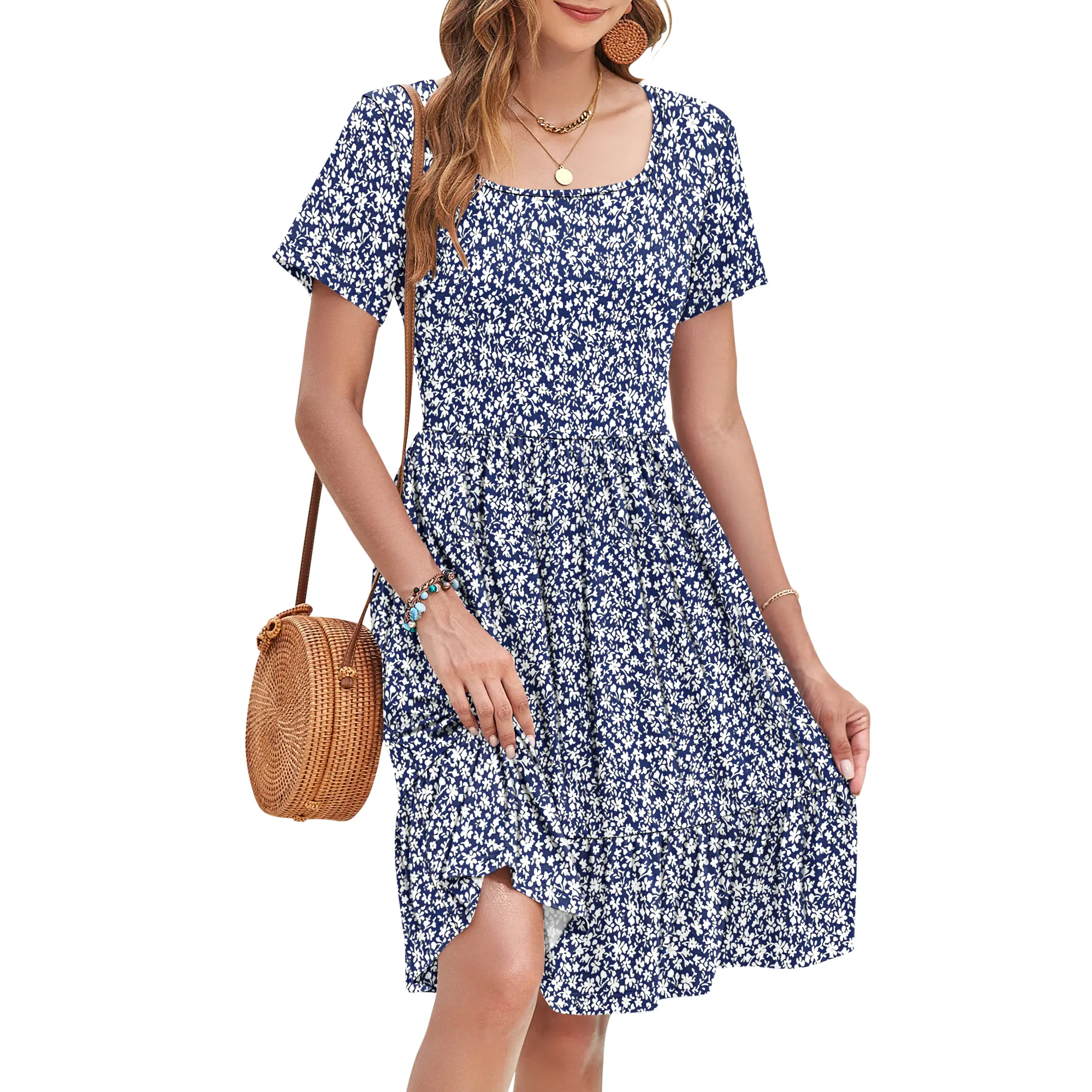 ✨Women's Square Neck Floral Print Short Sleeve Ruffle Empire Waist Sundress with Pockets