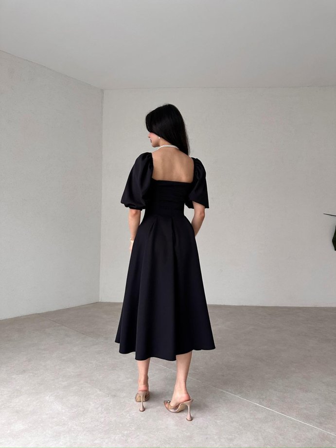 Women's Square Neck Lantern Sleeve Midi Dress