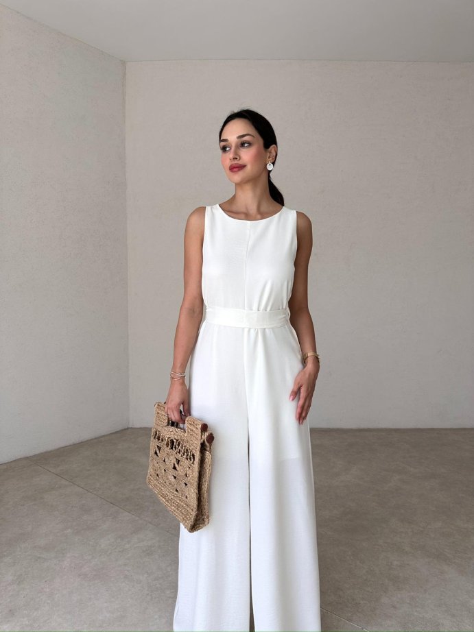 Women's Sleeveless Waisted Linen Jumpsuit With Pockets