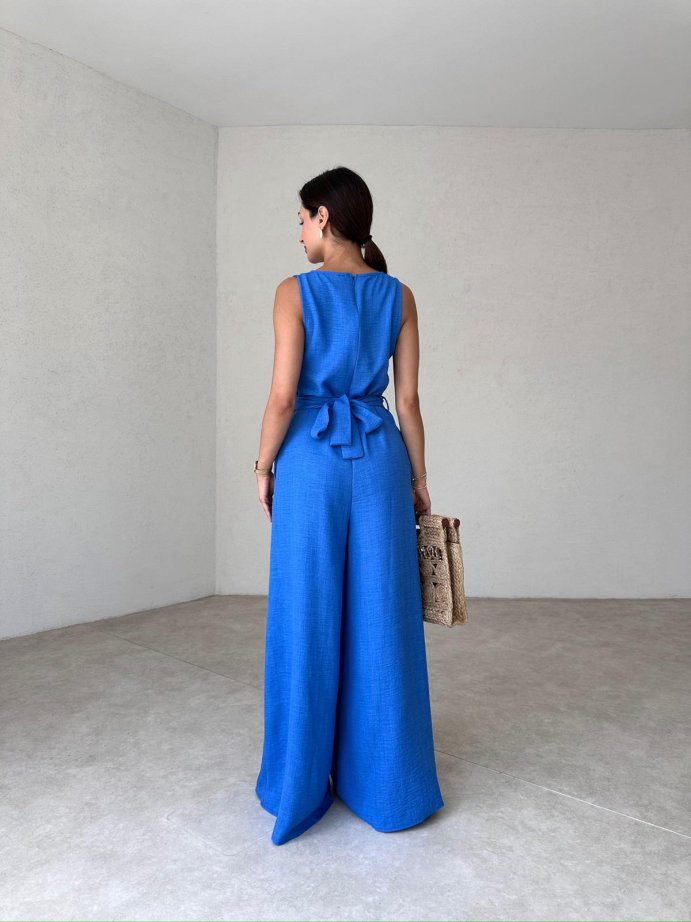 Women's Sleeveless Waisted Linen Jumpsuit With Pockets