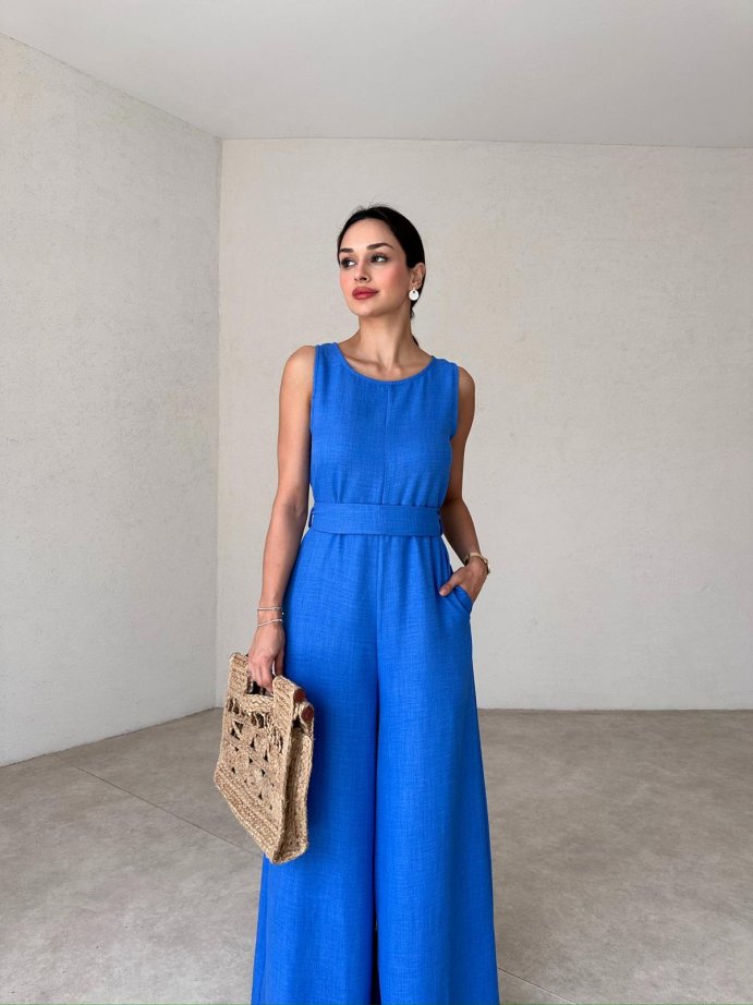 Women's Sleeveless Waisted Linen Jumpsuit With Pockets