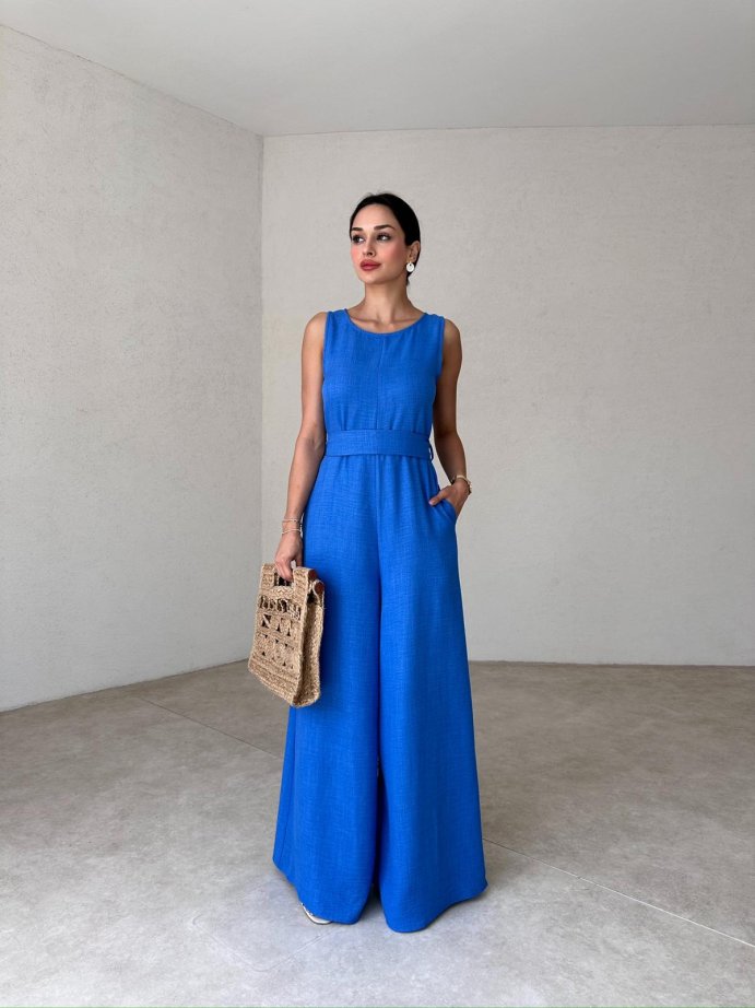 Women's Sleeveless Waisted Linen Jumpsuit With Pockets