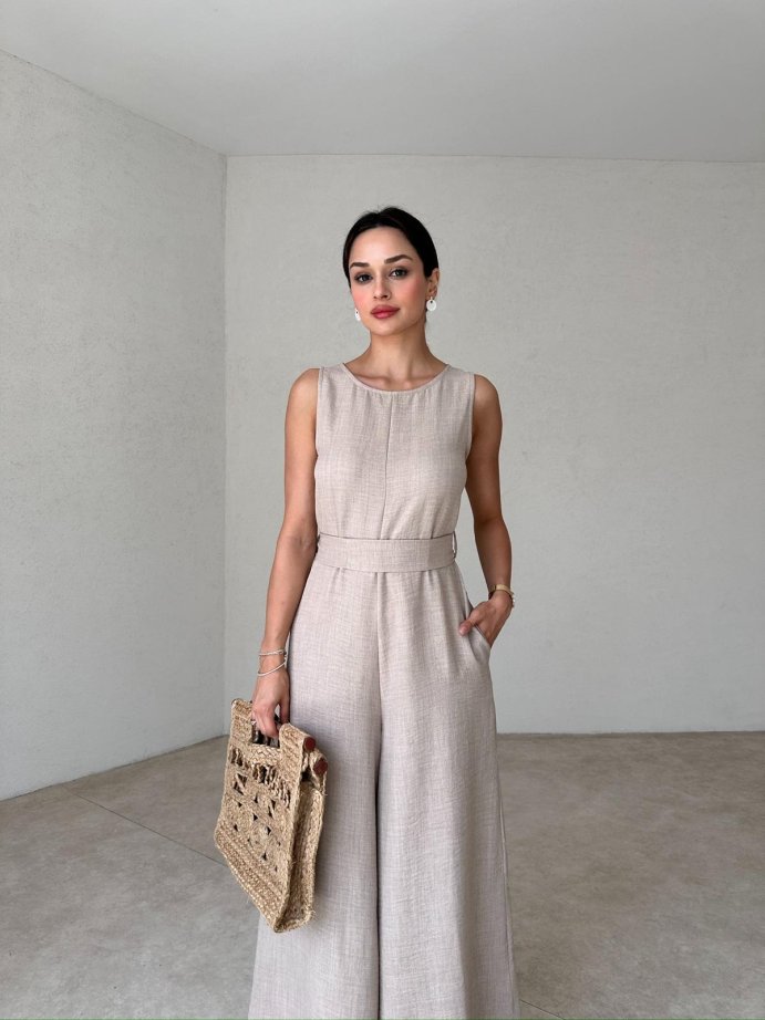 Women's Sleeveless Waisted Linen Jumpsuit With Pockets