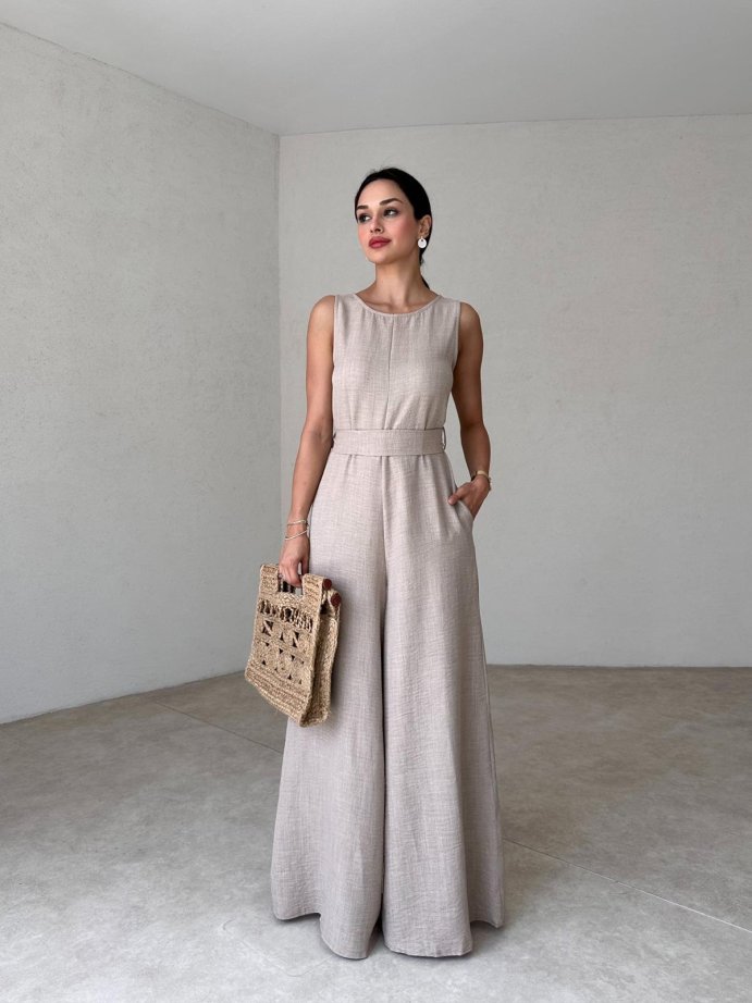 Women's Sleeveless Waisted Linen Jumpsuit With Pockets