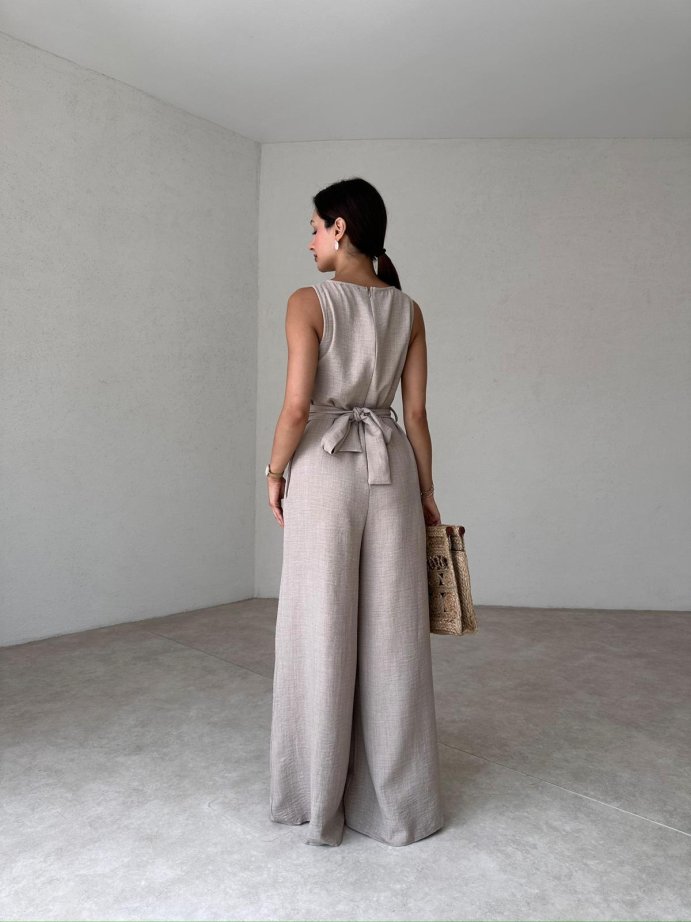 Women's Sleeveless Waisted Linen Jumpsuit With Pockets