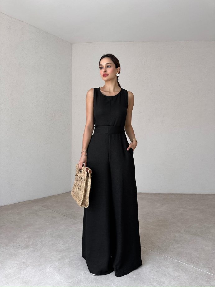 Women's Sleeveless Waisted Linen Jumpsuit With Pockets