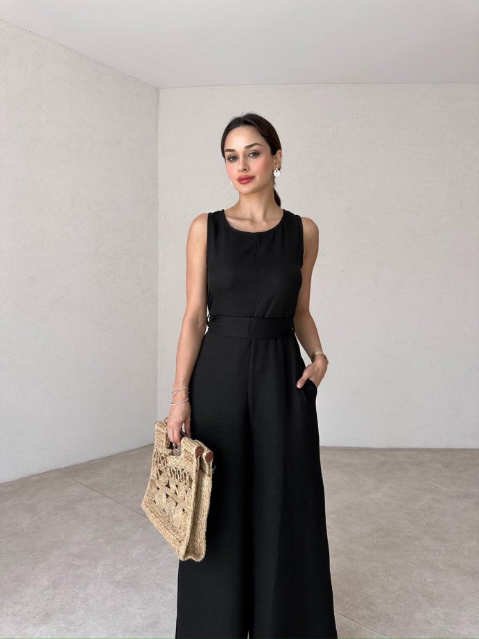 Women's Sleeveless Waisted Linen Jumpsuit With Pockets