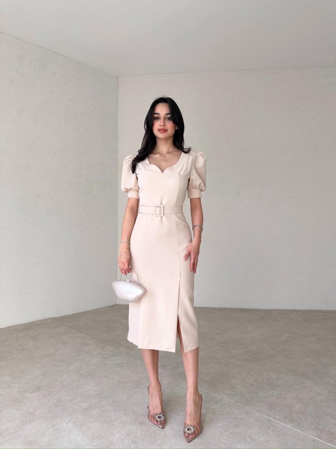 Women's Belted Short Sleeve Slit Midi Dress