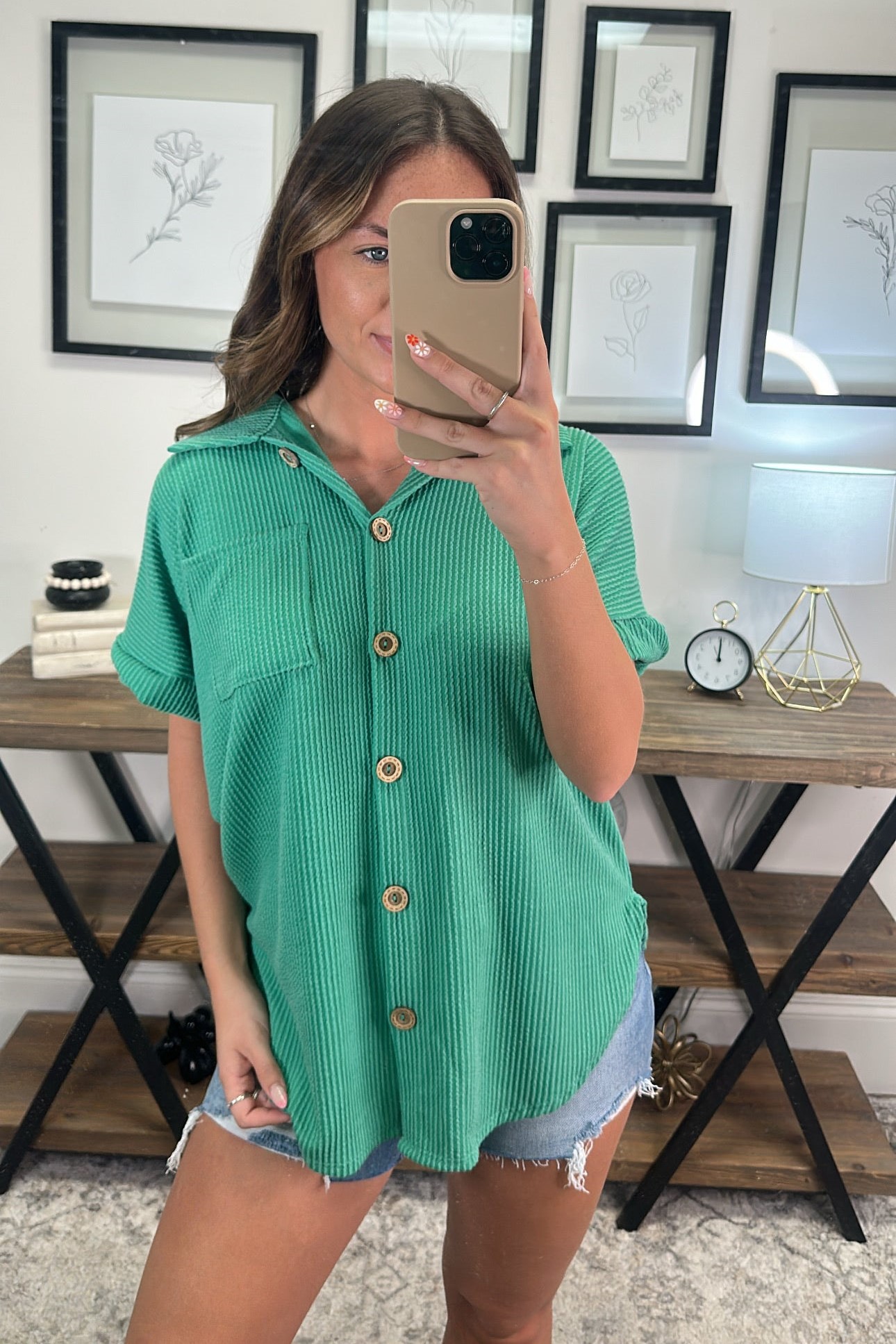 Ribbed Button Down Pocket Shirt Top 