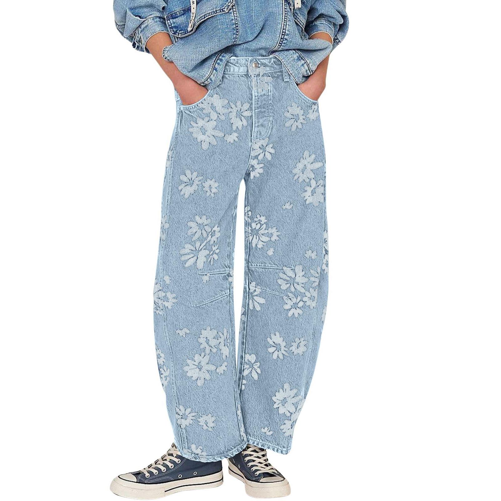 Women's Mid-rise Floral Print Cropped Loose Wide-leg Jeans