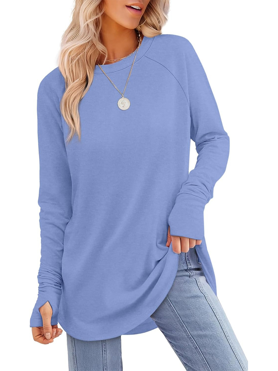 Women's Crew Neck Long Sleeve Thumb Hole Shirts Basic Top