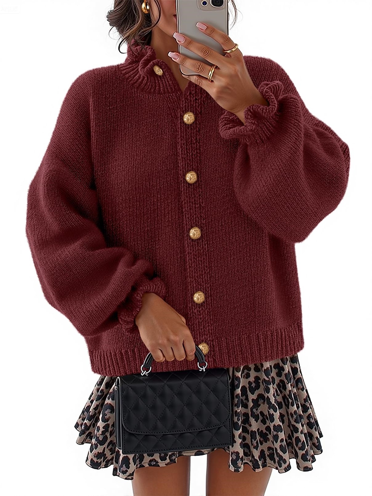 Women's Ruffle Button Down Long Sleeve Chunky Cardigan Sweaters