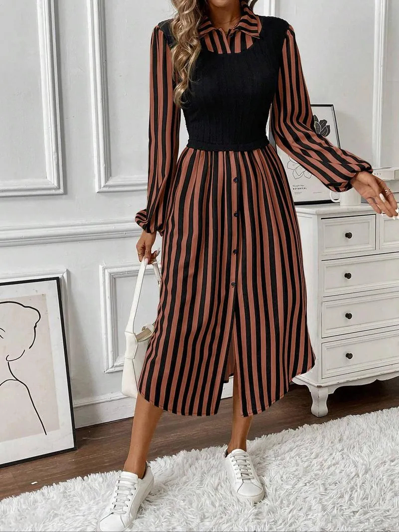HOT SALE Women's Long Sleeve Striped Button Front Shirt Dress