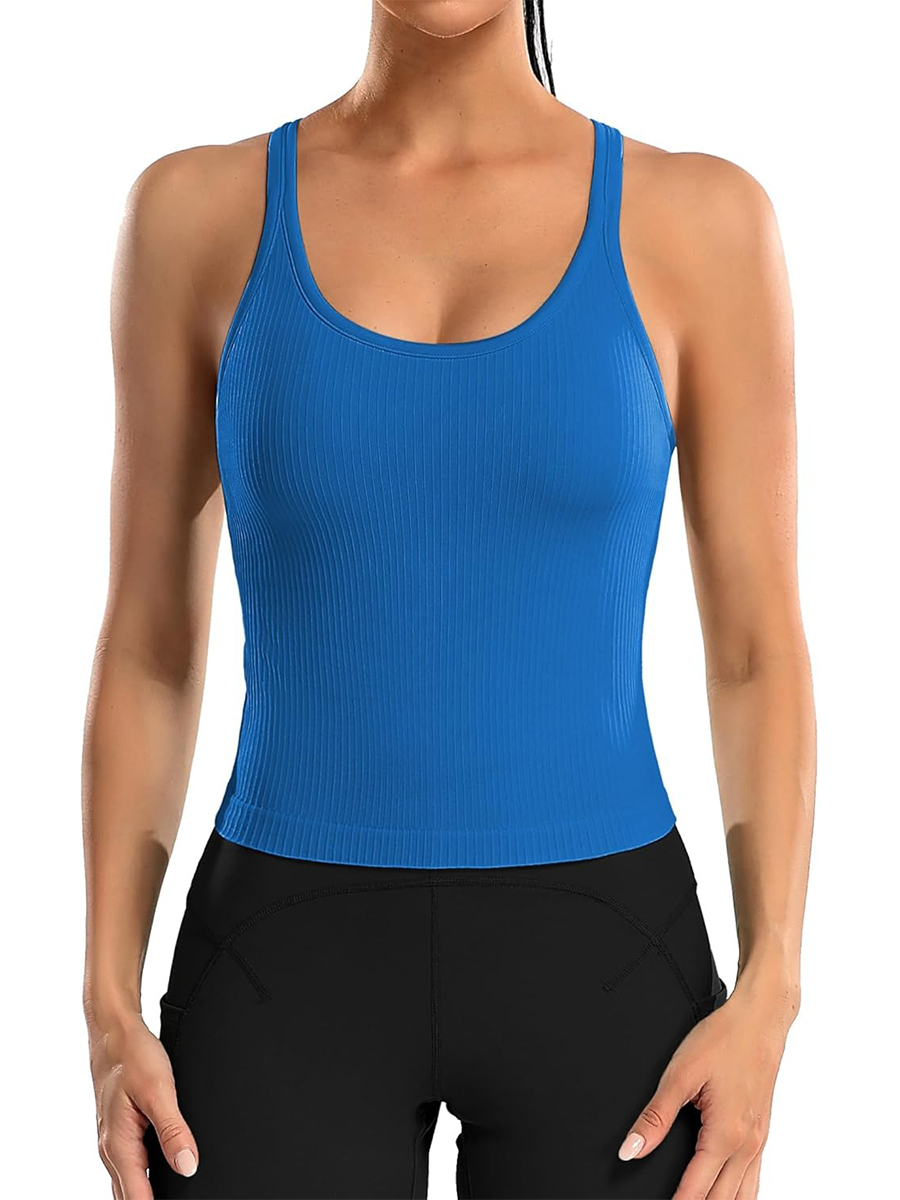 Women's Ribbed Workout Crop Racerback Tank Tops with Built in Bra